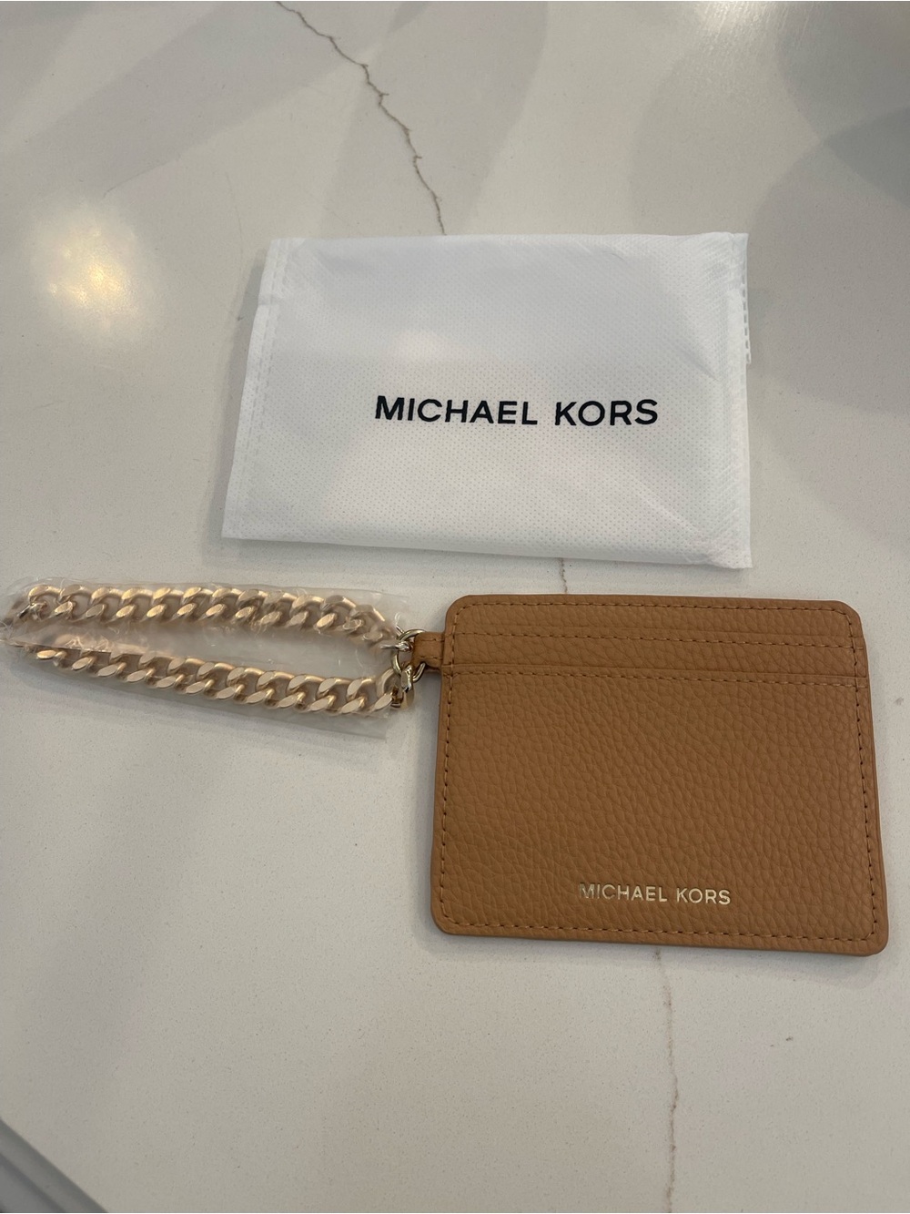 Michael Kors Tan Card ID Holder with Gold Chain Strap